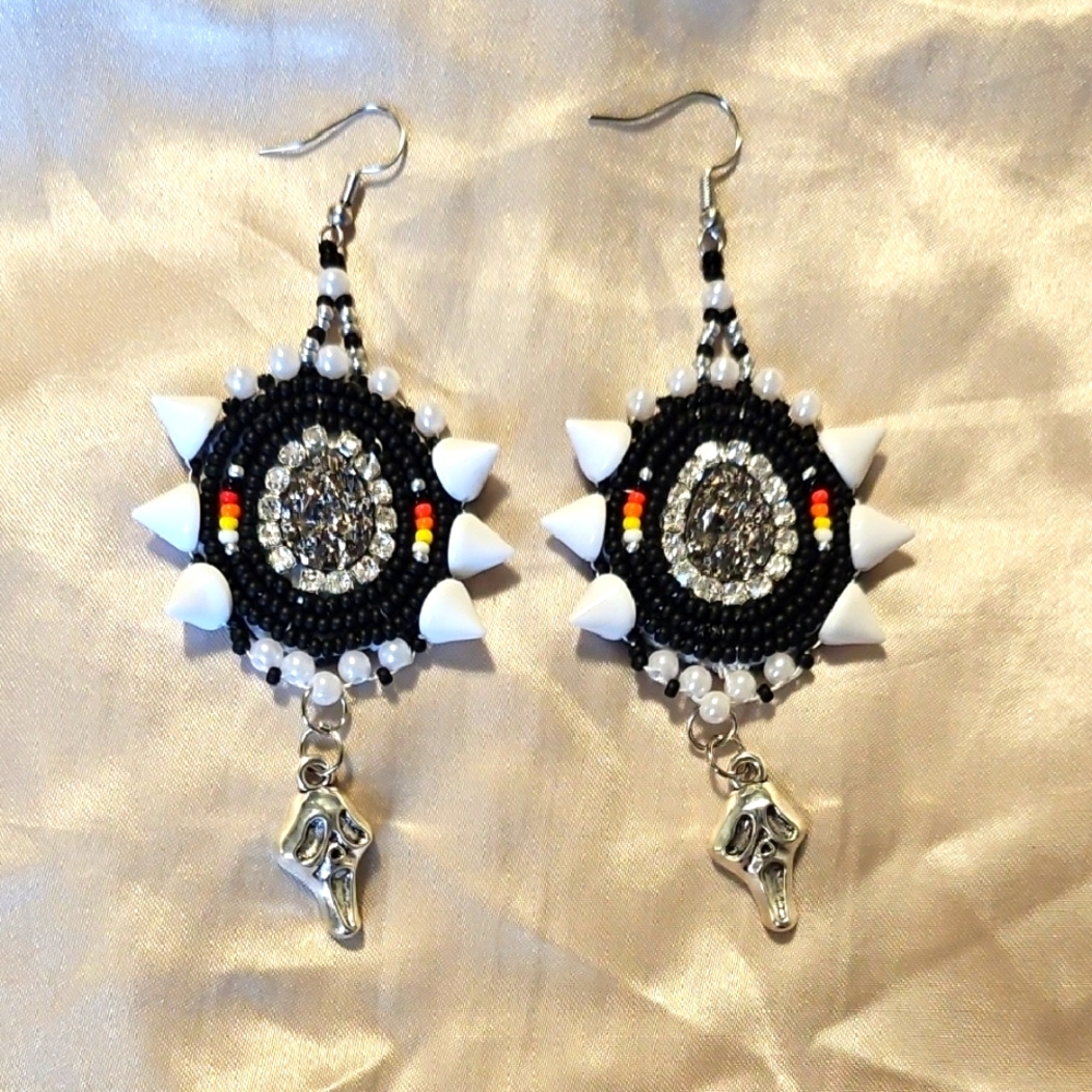Artistic Black and White Beaded Earrings with Silver Ghost Face Charm